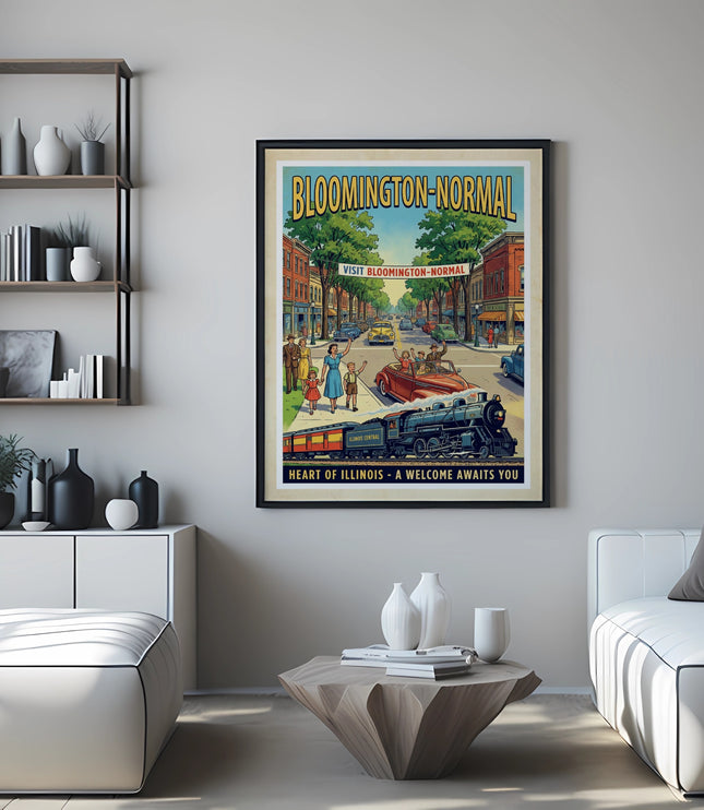 Bloomington-Normal, Illinois Central poster with vintage cars and train.