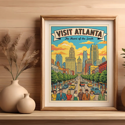 Vibrant "Visit Atlanta" poster featuring skyline and vintage cars.