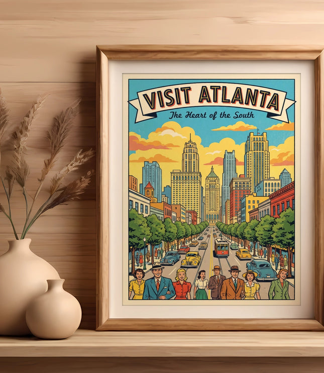 Vibrant "Visit Atlanta" poster featuring skyline and vintage cars.