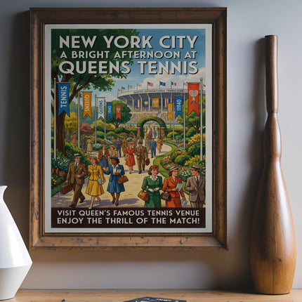 Vintage poster for Queens Tennis in New York City, showing a crowd and tennis courts.