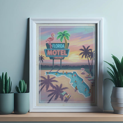Framed poster for Florida Motel featuring a flamingo and pool scene.