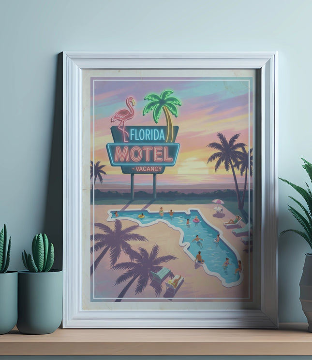 Framed poster for Florida Motel featuring a flamingo and pool scene.