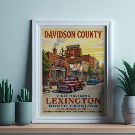 Davidson County Lexington Barbecue District poster with classic trucks and shops.