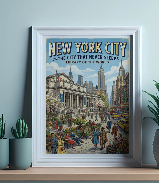 New York City poster with cityscape, library, people, and text "New York City, The City That Never Sleeps".