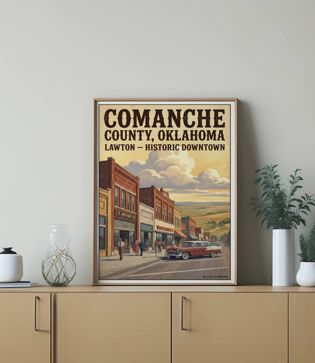 Comanche County, Oklahoma Lawton Historic Downtown poster featuring vintage shops and car.