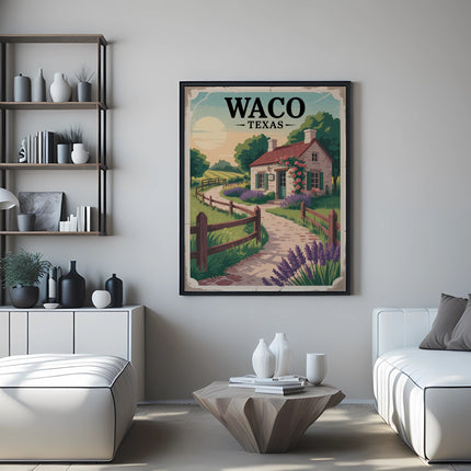 Waco, Texas vintage travel poster depicting a house and landscape.