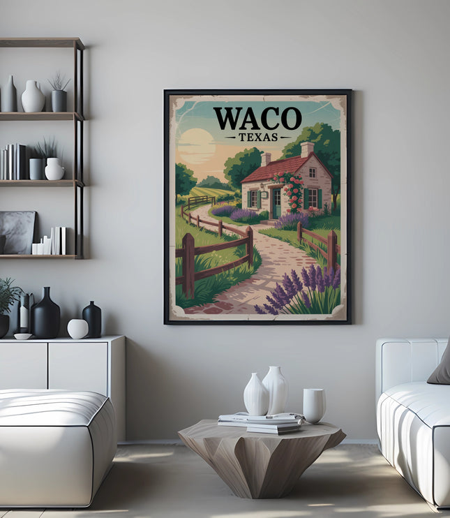 Waco, Texas vintage travel poster depicting a house and landscape.