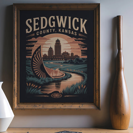 Vintage Sedgwick County, Kansas artwork featuring a landscape with buildings and a river.
