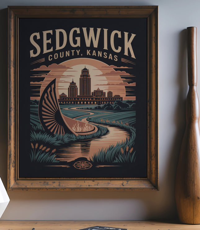 Vintage Sedgwick County, Kansas artwork featuring a landscape with buildings and a river.