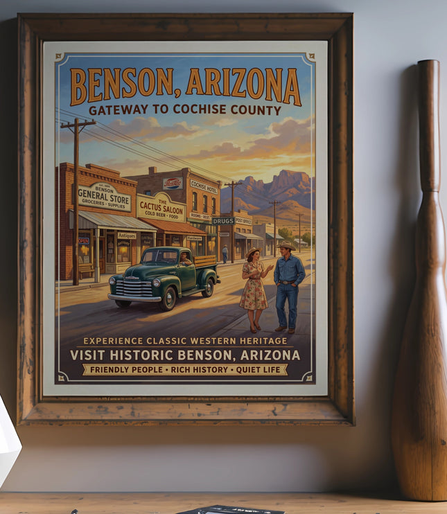 Vintage poster of Benson, Arizona, showing a street scene with a classic truck and two people.