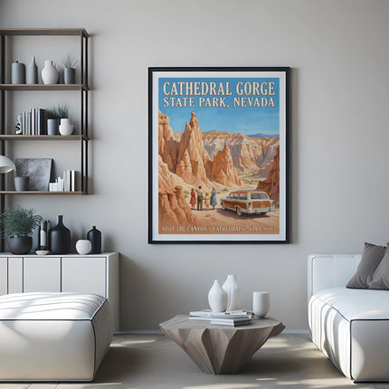 Vintage poster of Cathedral Gorge State Park, Nevada with a vintage car.