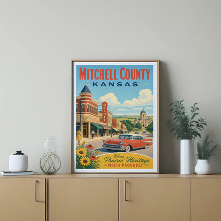 Vintage poster of Mitchell County, Kansas, with a classic car and sunflowers.