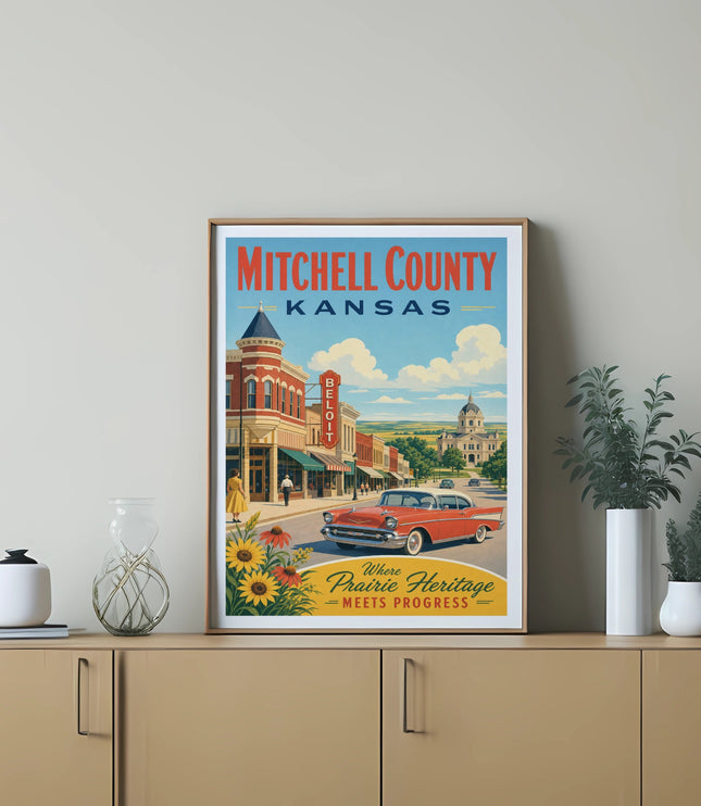 Vintage poster of Mitchell County, Kansas, with a classic car and sunflowers.