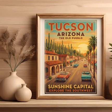Tucson Arizona The Old Pueblo Sunshine Capital poster with desert landscape and vintage cars.