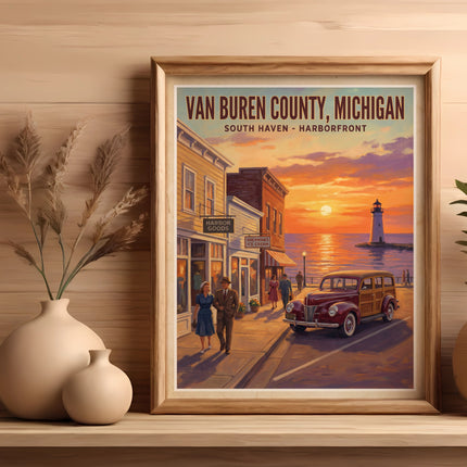 Van Buren County, Michigan poster with South Haven waterfront scene and vintage car.