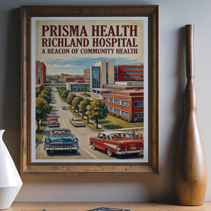 Framed print: Prisma Health Richland Hospital, A Beacon of Community Health, with vintage cars.