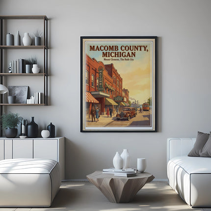 Vintage poster of Macomb County, Michigan depicting Mount Clemens Main Street.