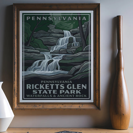 Pennsylvania Ricketts Glen State Park vintage travel poster with waterfall illustration.