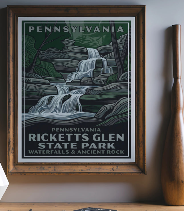 Pennsylvania Ricketts Glen State Park vintage travel poster with waterfall illustration.