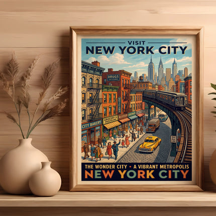New York City vintage travel poster with buildings, subway, and people.