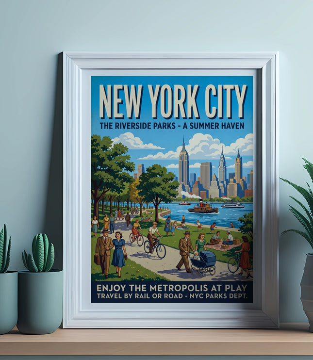 Poster showing New York City with Riverside Parks, people biking, picnicking, and a boat.