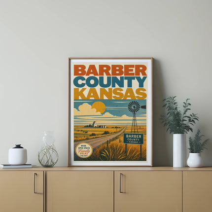 Vintage Barber County sign with windmill and farm landscape.