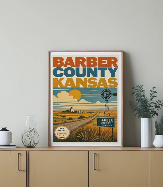 Vintage Barber County sign with windmill and farm landscape.