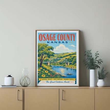 Osage County Kansas travel poster with bridge, river, flowers, and mountains.