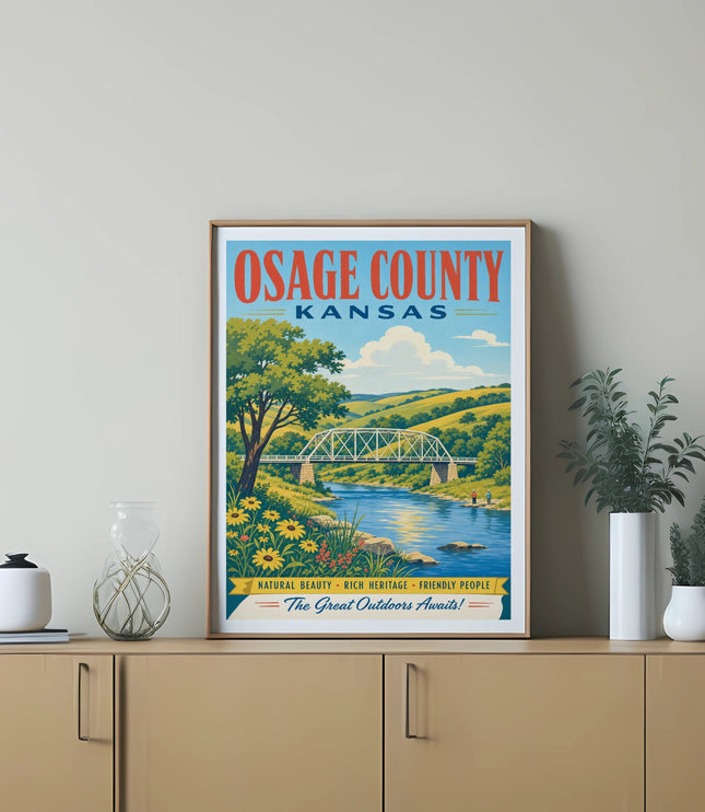 Osage County Kansas travel poster with bridge, river, flowers, and mountains.