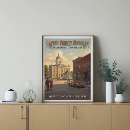 Lapeer County, Michigan historic town square art with text.