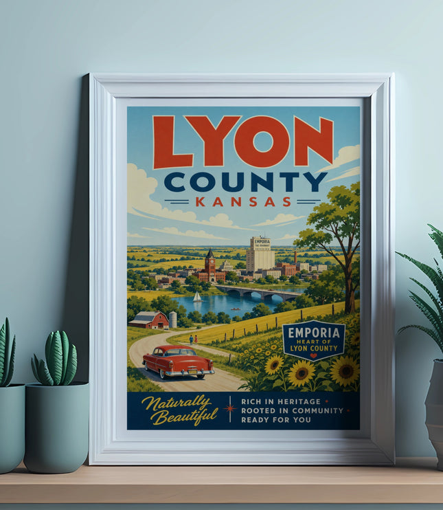 Vintage poster for Lyon County, Kansas, featuring a red car and sunflowers.