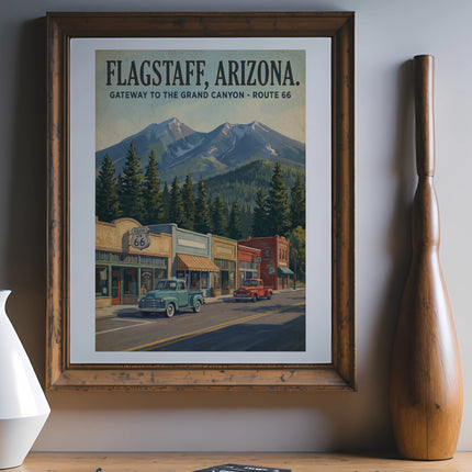 Flagstaff, Arizona Route 66 vintage travel poster with mountains and street scene artwork.
