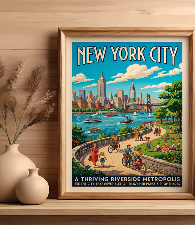 New York City skyline and river scene with people enjoying parks and promenades.