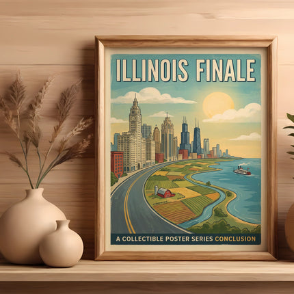 Framed "Illinois Finale" poster featuring Chicago skyline, fields, and lake.
