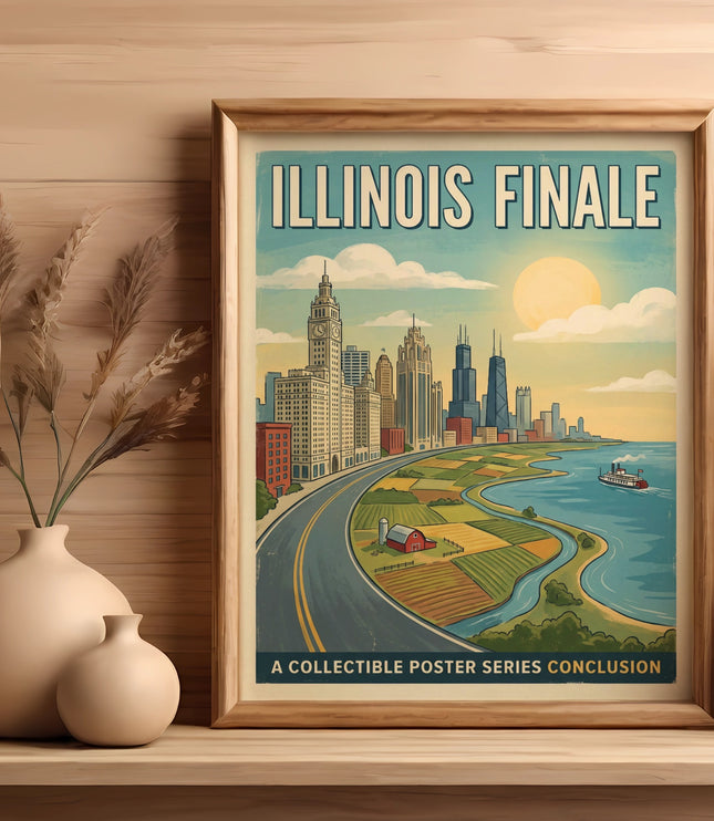 Framed "Illinois Finale" poster featuring Chicago skyline, fields, and lake.
