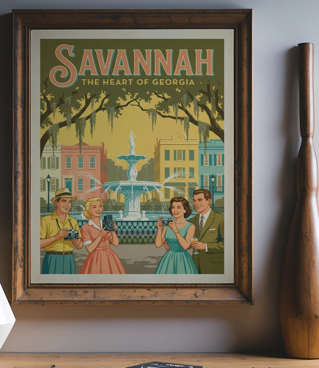 Vintage poster of Savannah, Georgia with a fountain scene and three people taking photos.