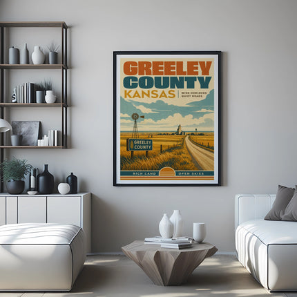 Greeley County Kansas vintage travel poster with windmill and vast landscape.