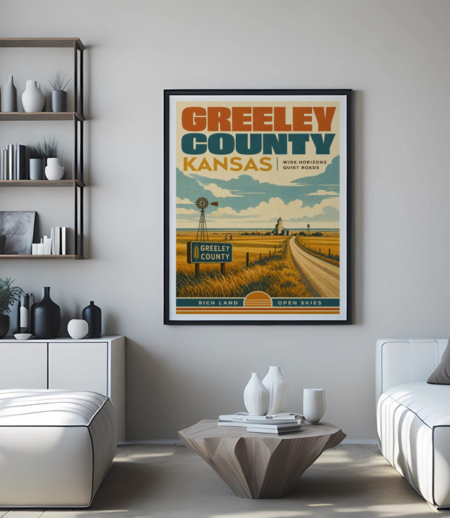 Greeley County Kansas vintage travel poster with windmill and vast landscape.