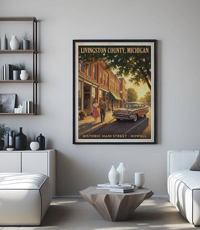 Poster of Livingston County, Michigan Historic Main Street in Howell with vintage car.