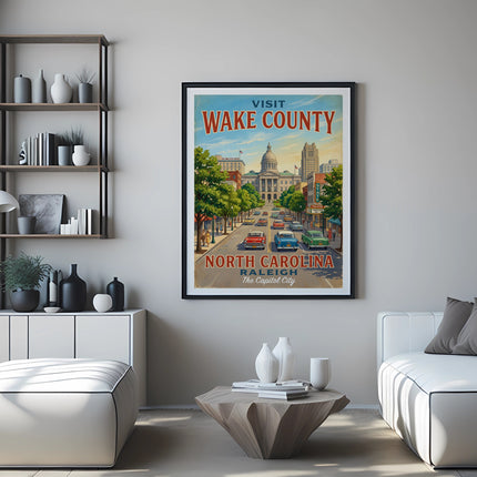 Vintage poster of Wake County, North Carolina with city skyline and vintage cars.