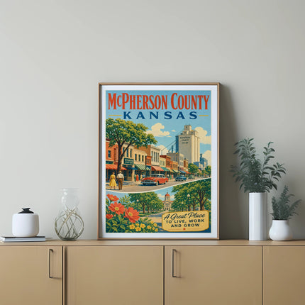 McPherson County Kansas vintage travel poster with town scene and text.