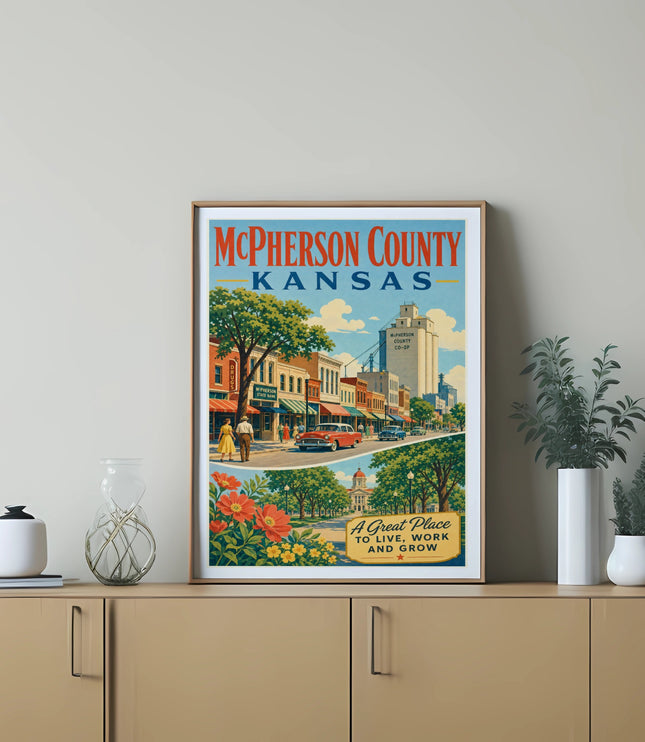 McPherson County Kansas vintage travel poster with town scene and text.