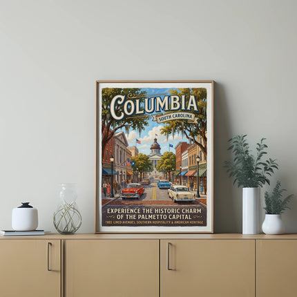 Poster of "Columbia, South Carolina" with historic street scene and text.