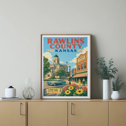 Vintage Rawlins County Kansas poster with "Atwood Welcomes You" text.