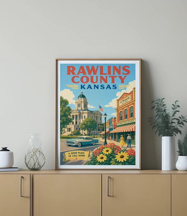 Vintage Rawlins County Kansas poster with "Atwood Welcomes You" text.