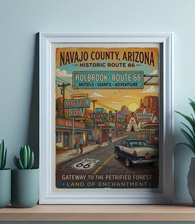 Navajo County Arizona Route 66 poster with Holbrook, motels, and a vintage car.