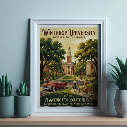 Winthrop University poster with vintage car, bicyclists, and campus buildings.