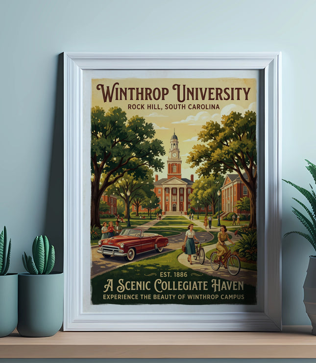 Winthrop University poster with vintage car, bicyclists, and campus buildings.