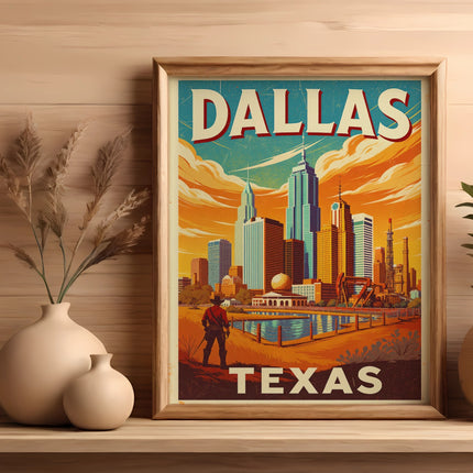 Framed poster of Dallas skyline with text "Dallas Texas" in a retro style.