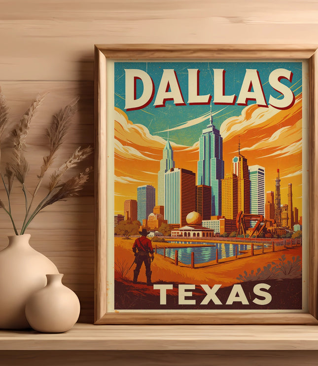 Framed poster of Dallas skyline with text "Dallas Texas" in a retro style.